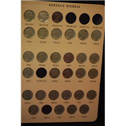 Buffalo Nickel Coin Folder; 1913 V1 thru 1938-D; Incomplete; Lot of 59; EST. $125-200