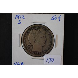 1912-S Barber Half Dollar; VG8; EST. $10-20