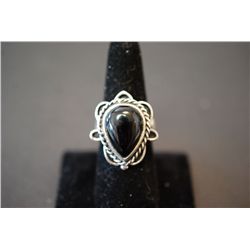 Sterling Silver Ring Size 8.5 W/Tear Shaped Black Gemstone; .925 Silver; EST. $20-30