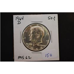 1964-D Kennedy Half Dollar; MS62; EST. $10-20