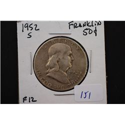 1952-S Ben Franklin Half Dollar; F12; EST. $10-25
