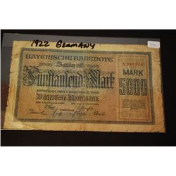 1922 German 5000 Funftaufend Mark Foreign Bank Note; EST. $5-10