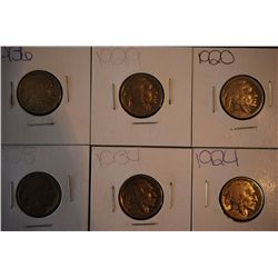 1920, 1924, 1928, 1929, 1934 & 1936 Buffalo Nickel; Lot of 6; EST. $5-20
