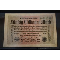 1923 German Funfzig Millionen Mark Foreign Bank Note; EST. $5-10