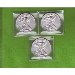 Three .999 Pure Silver American Eagles, Asstd Dates