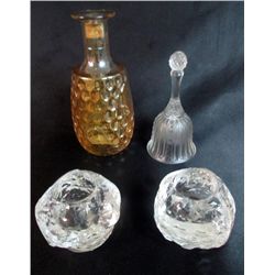 Glass Bell, Glass Candlestick Holders.....