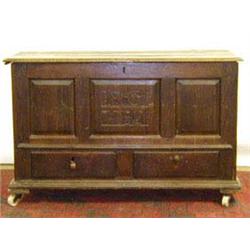 A George II oak and elm mule chest, dated 17