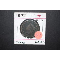 1833 Large One Cent; 13 Stars; EST. $90-125