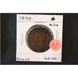 1838 Large One Cent; 13 Stars; EST. $60-90