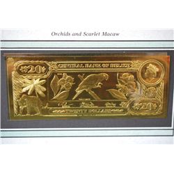 Central Bank Of Belize $20 Foreign Bank Note; "Orchids and Scarlet Macaw"; The First Gold Bank Notes