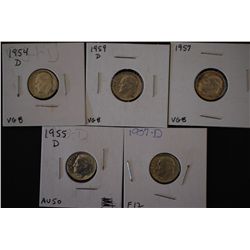1954-D Roosevelt Dime; VG8, 1955-D Roosevelt Dime; AU50, 1957 Roosevelt Dime; VG8, 1957-D Roosevelt 