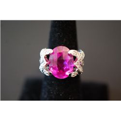 Sterling Silver Ring Size 7 W/Large Oval Pink Gemstone & Accent CZs; .925 Silver; EST. $10-20