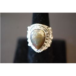 Sterling Silver Ring Size 10 W/Tear Shaped Grey Marbled Gemstone; .925 Silver; EST. $15-30