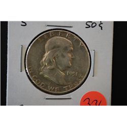 1951-S Ben Franklin Half Dollar; VF20; EST. $10-20