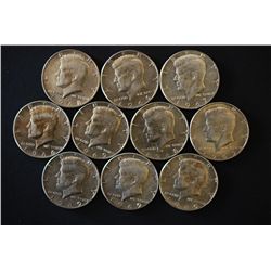 1965 (2), 1966 (2), 1967, 1968-D (2) & 1969-D (3) Kennedy Half Dollar; 40% Silver; Lot of 10; EST. $