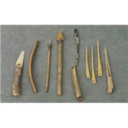 Eskimo - Eskimo Artifacts: Tools, Arrow Points, Awls, and Fire Starter Drill Rest (14 items/1 tray, 