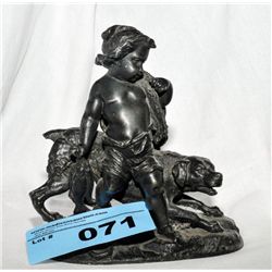 Signed Peche french metal cast boy and dog