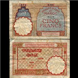 1941 Morocco 5 Franc Note Better Grade (CUR-07107)