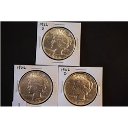1922, 1922-S & 1922-D Peace $1; Lot of 3; EST. $75-140