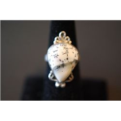 Sterling Silver Ring Size 7 W/Tear Shaped Black & White Marbled Gemstone; .925 Silver; EST. $20-30