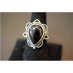 Sterling Silver Ring Size 8 W/Tear Shaped Black Gemstone; .925 Silver; EST. $20-30