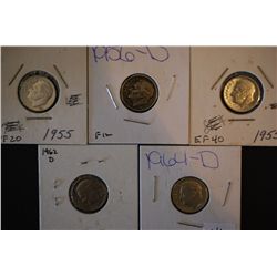 1955 Roosevelt Dime; EF40, 1955 Roosevelt Dime; VF20, 1956-D Roosevelt Dime; F12, 1962-D Roosevelt D