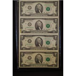 2003-A US Federal Reserve Note $2; San Francisco CA Reserve; Lot of 4 Uncut Bills; EST. $30-40