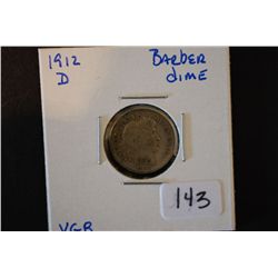 1912-D Barber One Dime; VG8; EST. $3-6