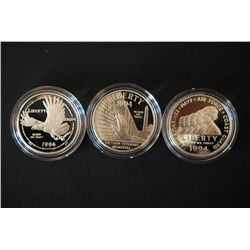 1994-P US Veterans 3-Coin Commerative Silver $1 Proof Set; Prisoner Of War, Vietnam Veterans Memoria