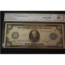 1914 US Federal Reserve Note $10; Blue Seal; New York NY Reserve; CGA Graded VF25 Stain; EST. $150-2