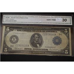 1914 US Federal Reserve Note $5; Blue Seal; Philadelphia PA Reserve; CGA Graded VF30; EST. $150-200