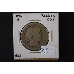 1894-S Barber Half Dollar; AG3; EST. $15-25