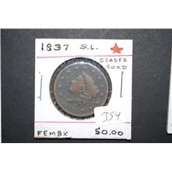 1837 Large One Cent; Beaded Cord Small Letters; EST. $80-120