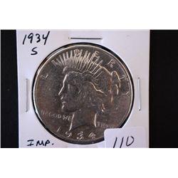 1934-S Peace $1; Imp. Cleaned; EST. $25-40