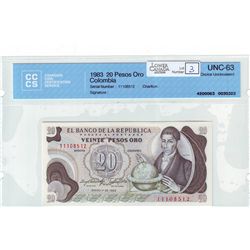 Colombia 20 Pesos Oro 1983 CCCS UNC-63.