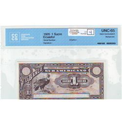 Ecuador 1 Sucre 1920 CCCS UNC-65; Remainder.