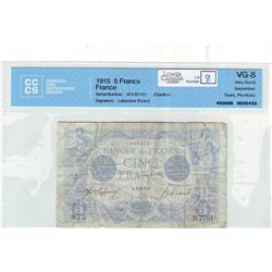 France 5 Francs 1915 CCCS VG-8; September, Tears, Pin Holes.