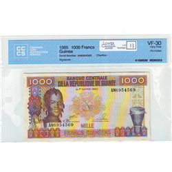 Guinea 1000 Francs 1985 CCCS VF-30; Pin Holes.