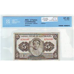 Luxembourg 5 Francs (ND) CCCS VF-20.