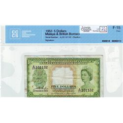 Malaya & Britiah Borneo 5 Dollars 1953 CCCS F-15.