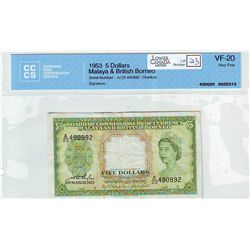 Malaya & Britiah Borneo 5 Dollars 1953 CCCS VF-20.