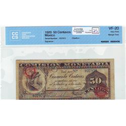 Mexico 50 Centavos 1920 CCCS VF-20; Margin Tear.
