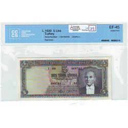 Turkey 5 Lira (ND) CCCS EF-45, Law of 1930.