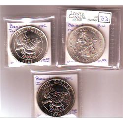Bermuda Crown 1959 BU Silver, Dollar 1986 UNC & Dollar 1986 UNC Silver. Lot of 3 coins.