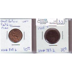 Great Britain Farthing 1900 UNC & 1920 UNC. Lot of 2 coins.