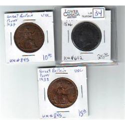 Great Britain 1/2 Penny 1826 VF, Penny 1937 UNC & 1938 UNC. Lot of 3 coins.