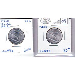 Italy 10 Lire 1951R UNC. Lot of 2 coins.
