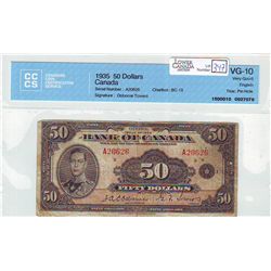 1935 Bank of Canada; 50 Dollars BC-13 A20626 CCCS VG-10 Margin tear (2mm), Pin Hole.