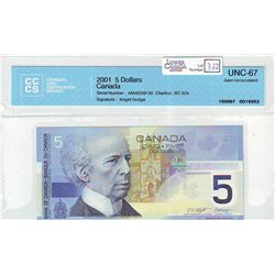 2001 Bank of Canada; 5 Dollars BC-62a ANV8209130 CCCS UNC-67.