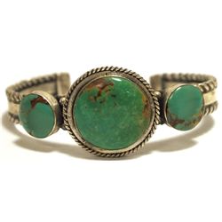 Old Pawn Navajo Green Fox Turquoise Sterling Silver Cuff Bracelet - AT